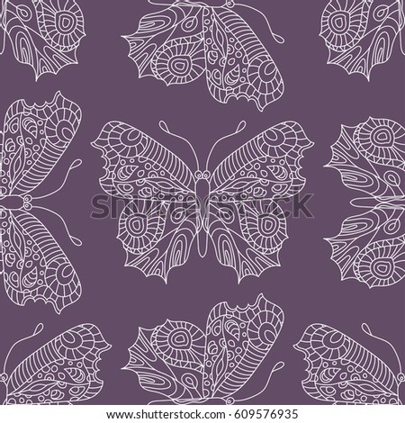 Seamless vector hand drawn pattern with fantasy butterflies in modern style. Beautiful botany illustration.
