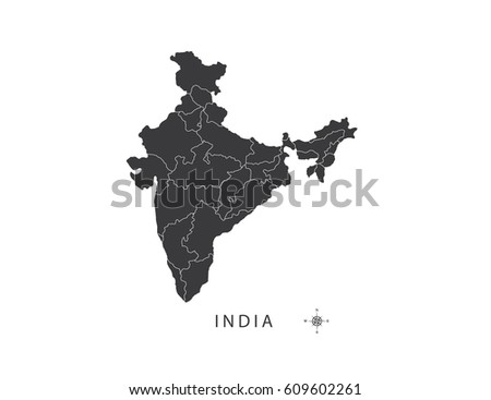 Black map of India with outlines on white background.