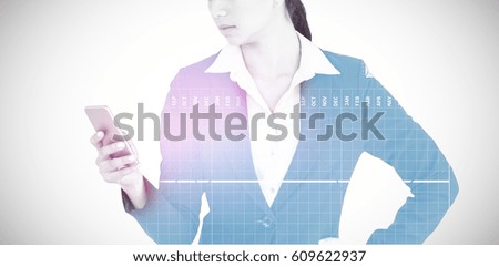 Businesswoman using mobile phone against grey background 3d