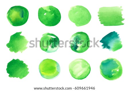 Vector set of green abstract isolated colorful  watercolor stains on paper. Grunge design elements. Can be used as healthy lifestyle, bio organic food design backdrops, handmade products. Royalty-Free Stock Photo #609661946