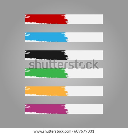 Horizontal template for web banner with a rough brush stroke. Size 728 x 90. Set of six color options. Red, blue, black, green, orange, purple. Flat design. Vector illustration.