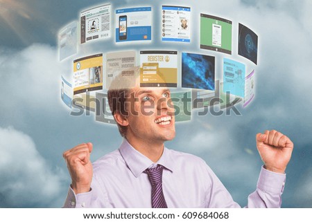 Elegant businessman cheering with clenched hands against white background against dark blue background 3d