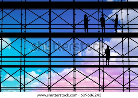 Architect woman with yellow helmet and plans against scenic view of blue sky 3d