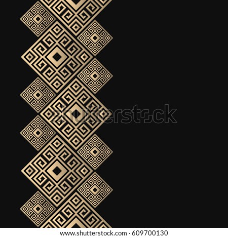 Vector geometric frame in greek style. Seamless border for design. Black and golden background with meander ornament. Greece pattern. Royalty-Free Stock Photo #609700130