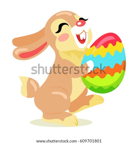Easter Cheerful Bunny holding painted egg flat design isolated on white. Non-ferrous ball decorated yellow,red,blue,orange and green waves. Vector illustration of funny easter holiday drawn pattern.