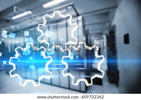 Gears over white background against boxes on technical background 3d