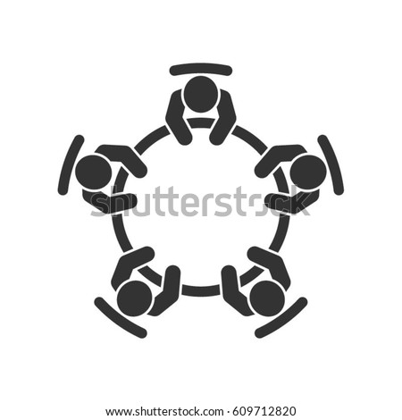 Brainstorming and teamwork icon. Business meeting. Debate team. Discussion group. People in conference room sitting around a table working together on new creative projects.  Royalty-Free Stock Photo #609712820