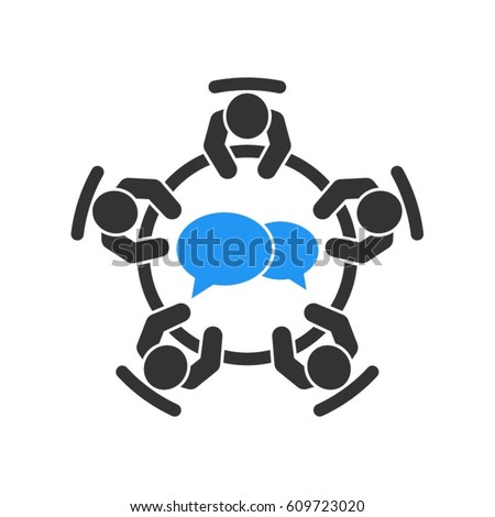 Brainstorming and teamwork icon. Business meeting. Debate team. Discussion group. People in conference room sitting around a table working together on new creative projects. Royalty-Free Stock Photo #609723020