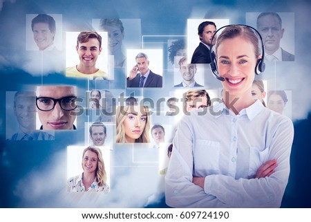 Portrait of a call center executive against dark blue background