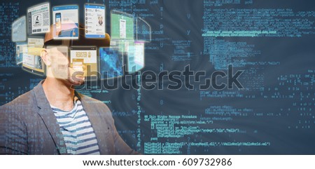 Man wearing virtual simulator headset against dark grey background 3d