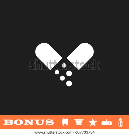 Drugs icon flat. White pictogram on black background. Vector illustration symbol and bonus button tooth, vase, star, mirror, bottle
