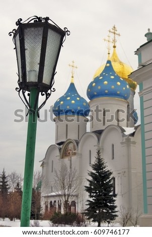 Dormition church of Trinity Sergius Lavra in Sergiyev Posad, Moscow region, Russia. Popular landmark. UNESCO World Heritage Site. Color photo.