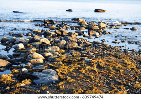 Rugged coast at sunset.  Boulders and ripples in the background. Copy space in the upper part of horizontal image.