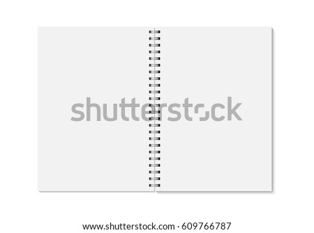 Vector realistic opened notebook. Vertical blank copybook with metallic silver spiral. Template (mock up) of organizer or diary isolated. Royalty-Free Stock Photo #609766787