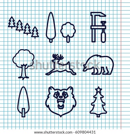 Set of 9 forest outline icons such as bear, deer, pine tree, chainsaw