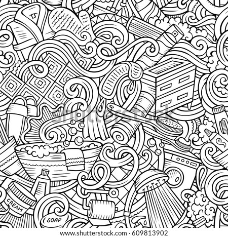 Cartoon cute doodles hand drawn Bathroom seamless pattern. Line art detailed, with lots of objects background. Endless funny vector illustration