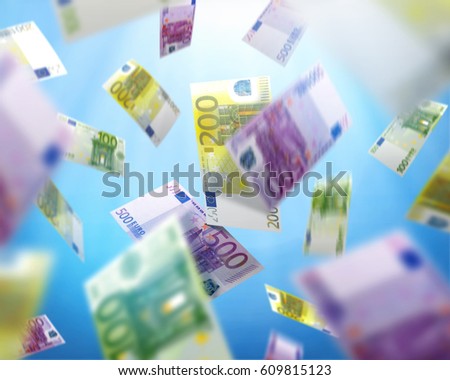 euro bills falling, money raining from the sky, concept of success, luck and winning 