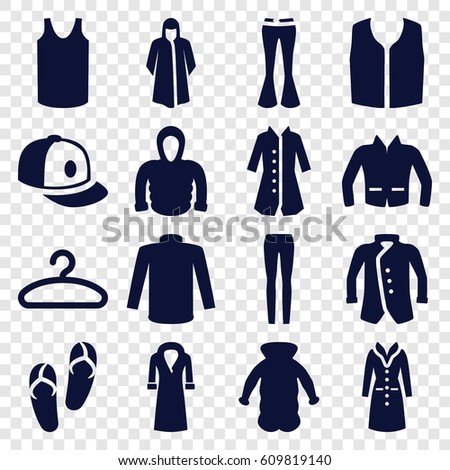 Casual icons set. set of 16 casual filled icons such as flip flops, overcoat, sweater, singlet, sleeveless shirt, woman pants, baseball cap, jacket, hoodie