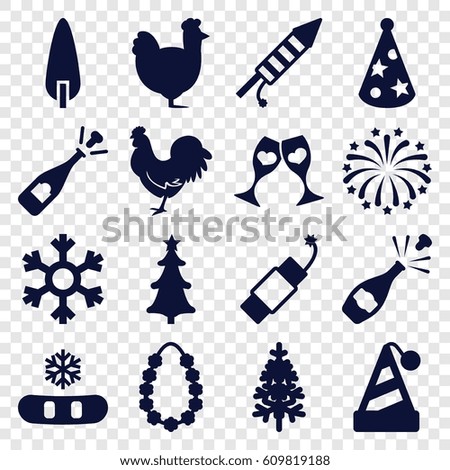 Year icons set. set of 16 year filled icons such as chicken, opened champagne, pine-tree, clink glasses, christmas tree, fireworks, firework, party hat, garland, snowflake