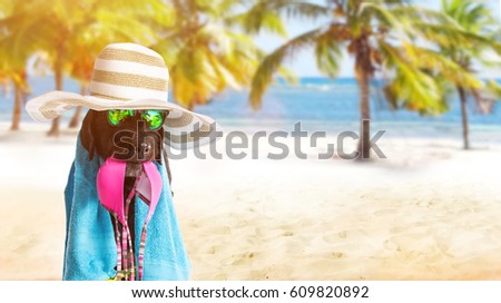 Funny black dog with summer accessories on a sandy beach.