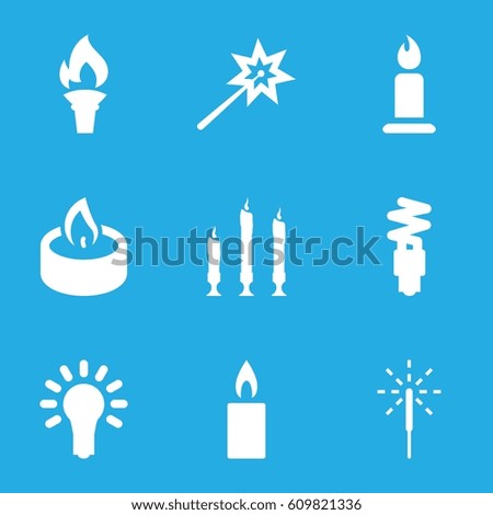 Glow icons set. set of 9 glow filled icons such as candle, sparkler, light bulb, fluorescent lamp, torch