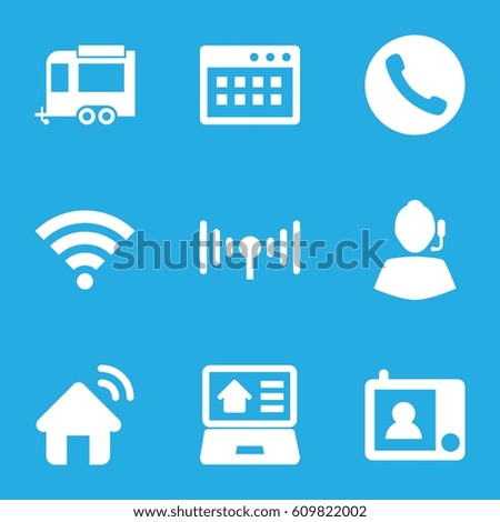 Mobile icons set. set of 9 mobile filled icons such as trailer, real estate on laptop, signal, intercom, wi-fi, house signal, call, support