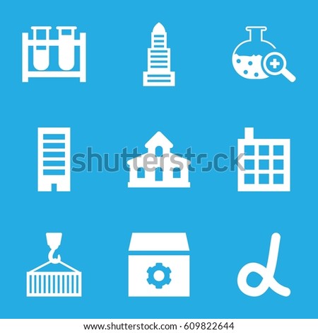Development icons set. set of 9 development filled icons such as building, business center, gear, test tube, cargo on hook, test tube search