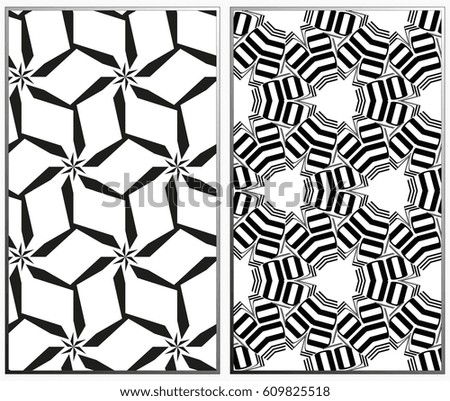 Vector monochrome seamless patterns set, abstract geometric texture. Ornament for interior design. Repeating abstract background with chaotic strokes.