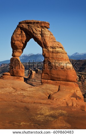 Delicate Arch and LaSal mountains, Arches National Park, Utah