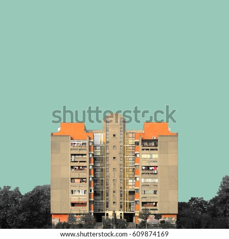 A minimal color splash of a brutalist building in Novi Beograd, Serbia with green background and monochromatic trees