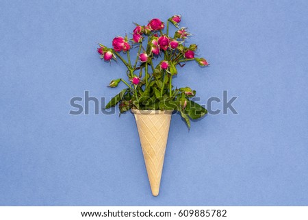 dry sprigs of roses with flowers in a waffle cone on a blue background. Flat lay. Top view.