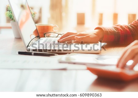 Young Business woman working with laptop, Thinking something for idea in home office, Business people.