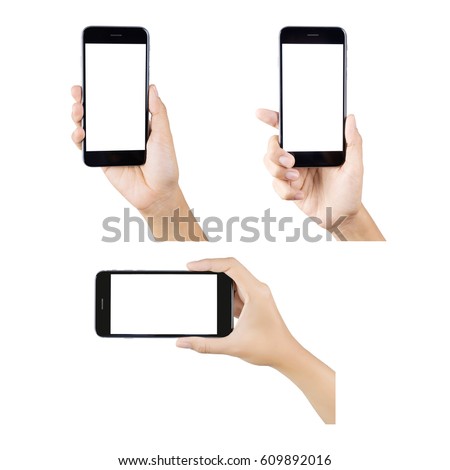 Woman hand holding smartphone isolated on white background.  white screen