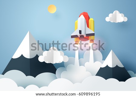 Paper art of space shuttle launch to the sky, start up business concept and exploration idea, vector art and illustration. Royalty-Free Stock Photo #609896195