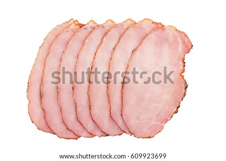 top view of slices of smoked pork loin ham arranged in a stack isolated on white background Royalty-Free Stock Photo #609923699