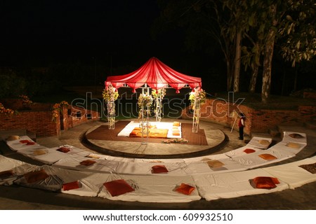 indian wedding set, a mandap for wedding celebration Royalty-Free Stock Photo #609932510
