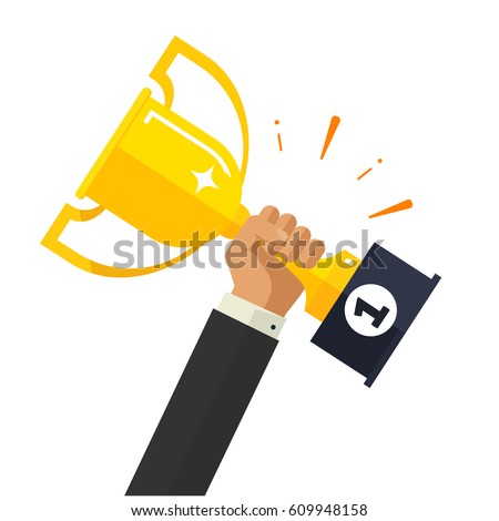 Business goal achievement vector concept, flat style happy successful businessman holding golden cup award in hand, leadership idea, first place prize victory, competition winner Royalty-Free Stock Photo #609948158