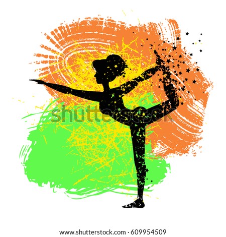 Sport Fitness poster. Abstract background with woman Silhouette of particles.  For print on T-shirt and bags, yoga studio or fitness club. Vector illustration