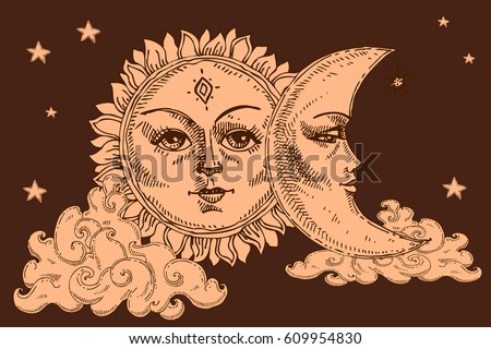 Sun and moon with face, cloud and stars. Stylized as engraving. For print for T-shirts and bags, decor element. Day and night. Hand drawn astrology symbol. Vector
