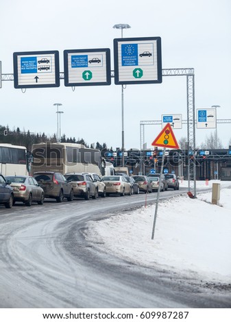 NUIJAMAA, FINLAND - CIRCA FEB, 2017: Road jam is on entry of Finnish-Russian border at the checkpoint in Finland side. It is popular and busiest border crossing point between Finland and Russia