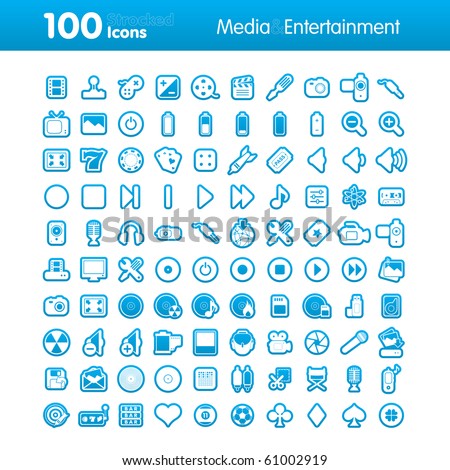 Multimedia and Entertainment Set of icons on white background in Adobe Illustrator EPS 8 format for multiple applications.