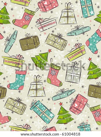color background with christmas present,tree,sock,  vector illustration