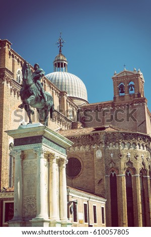The Renaissance Statue of Bartolomeo Colleoni (1483) is one of the most beautiful equestrian statues in the world. (Venice, Italy) Edited as a vintage photo with dark edges.