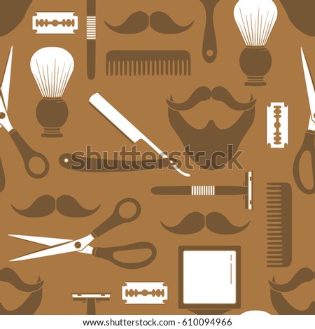 Seamless pattern with tools for barber shop, hand drawn icons. Brown and white elements, shaving accessories collection. Decorative wallpaper, good for printing. Design background