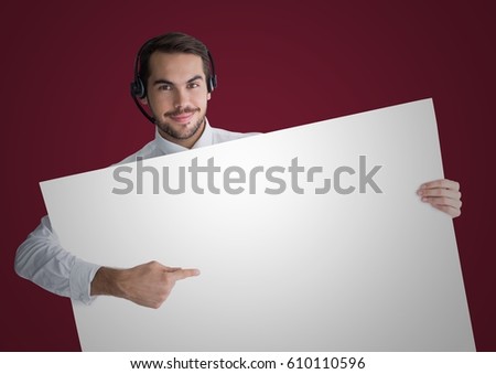 Digital composite of Customer service man with large blank card against maroon background