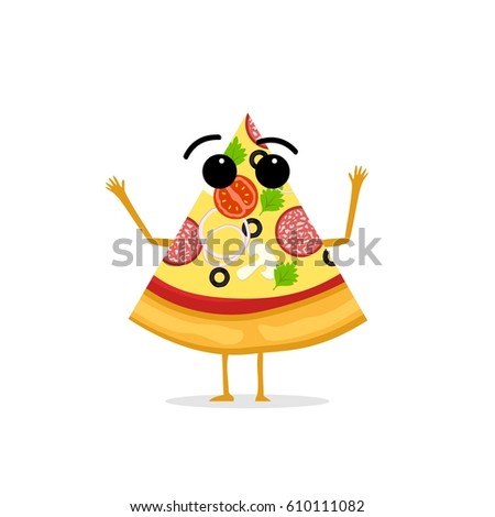 Funny and cute Pizza character isolated on white background. Pizza with smiling human face vector illustration. Kids restaurant menu