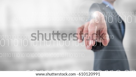 Digital composite of Business man pointing at white binary code with flare against blurry stairs