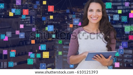 Digital composite of Woman with tablet Night city with connectors