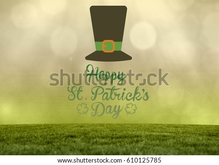 Digital composite of Patrick's Day graphic against grass and yellow green sky