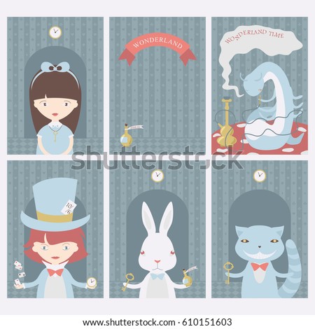 Set of postcards with characters of Wonderland. Alice in Wonderland, White rabbit, Mad Hatter, Caterpillar. Vector posters, cards